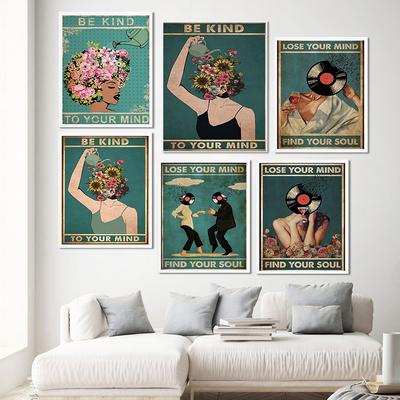 Canvas Schilderij Wees Lief voor Jezelf Raak Los Vind Je Ziel Poster Print Schijf Drinkende Vrouw Vintage Poster Muurkunst Huisdecoratie