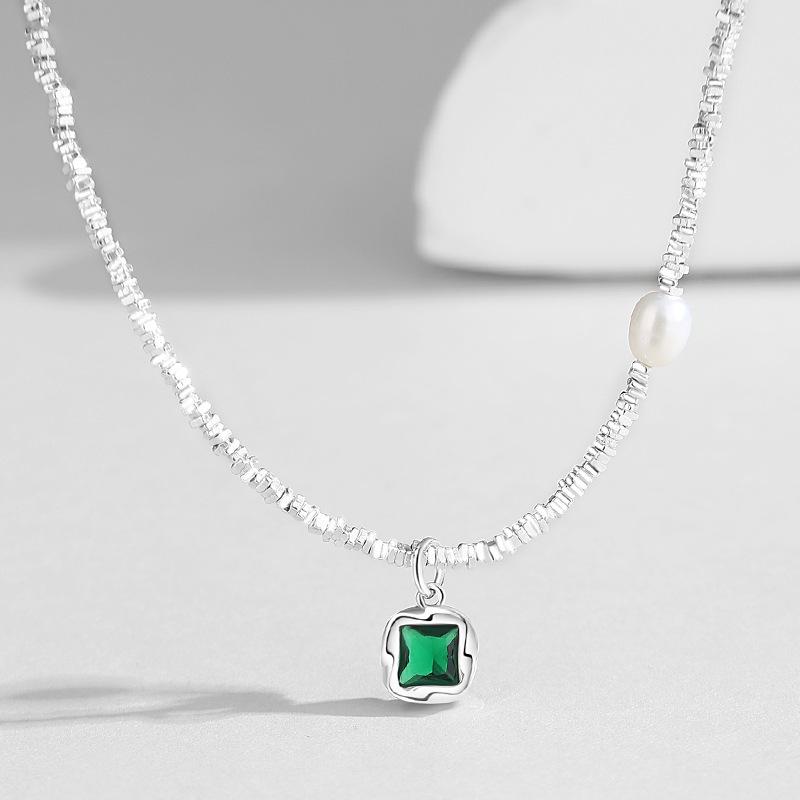 925 Sterling Silver Emerald Square Diamond Clavicle Chain Necklace - Handmade Beaded Jewelry