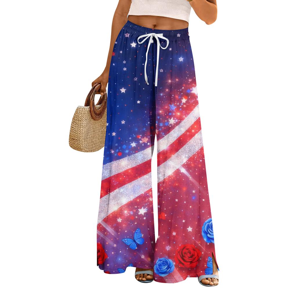Dámské letní boho palazzo kalhoty s vysokým pasem a širokými nohavicemi, tisk, ležérní kalhoty s kapsami
