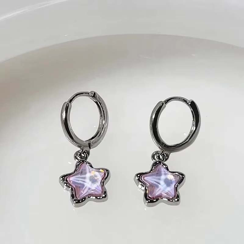 Kpop Y2K Pink Moonlight Stone Star Pendant Earrings For Women Egirl Fashion Sweet Crystal Star Ear Buckle Zircon Accessories