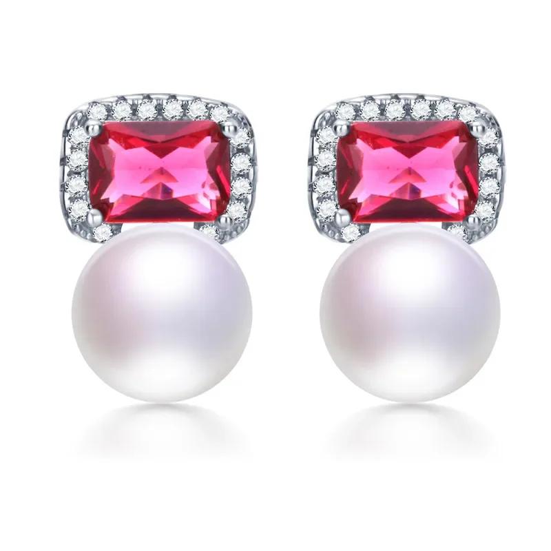 High Quality Red Zircon 925 Sterling Silver Earrings Jewelry 100% Genuine Natural Freshwater Pearl Stud Earrings for Women белый