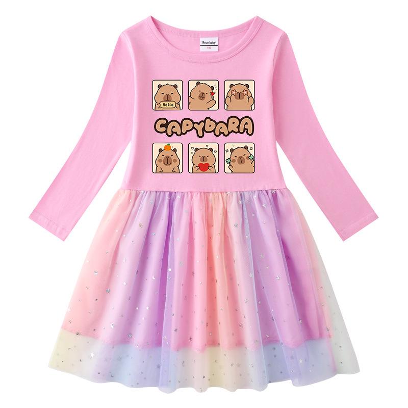 Korean Style Girls' Dress - Stars & Rainbow Sequin Mesh, Short & Long Sleeve Options, Perfect for Spring, Summer, and Autumn