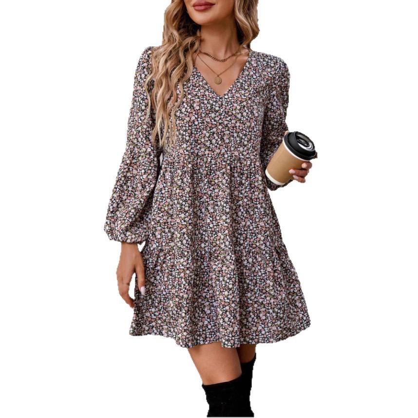 Hot-selling European and American foreign trade new dresses, round neck small floral long-sleeved bohemian dress