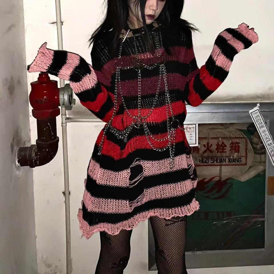 Новый осенний панк-готический длинный унисекс-свитер женский полосатый крутой вырезанный джемпер свободный рок тонкий темный уличный топ красный
