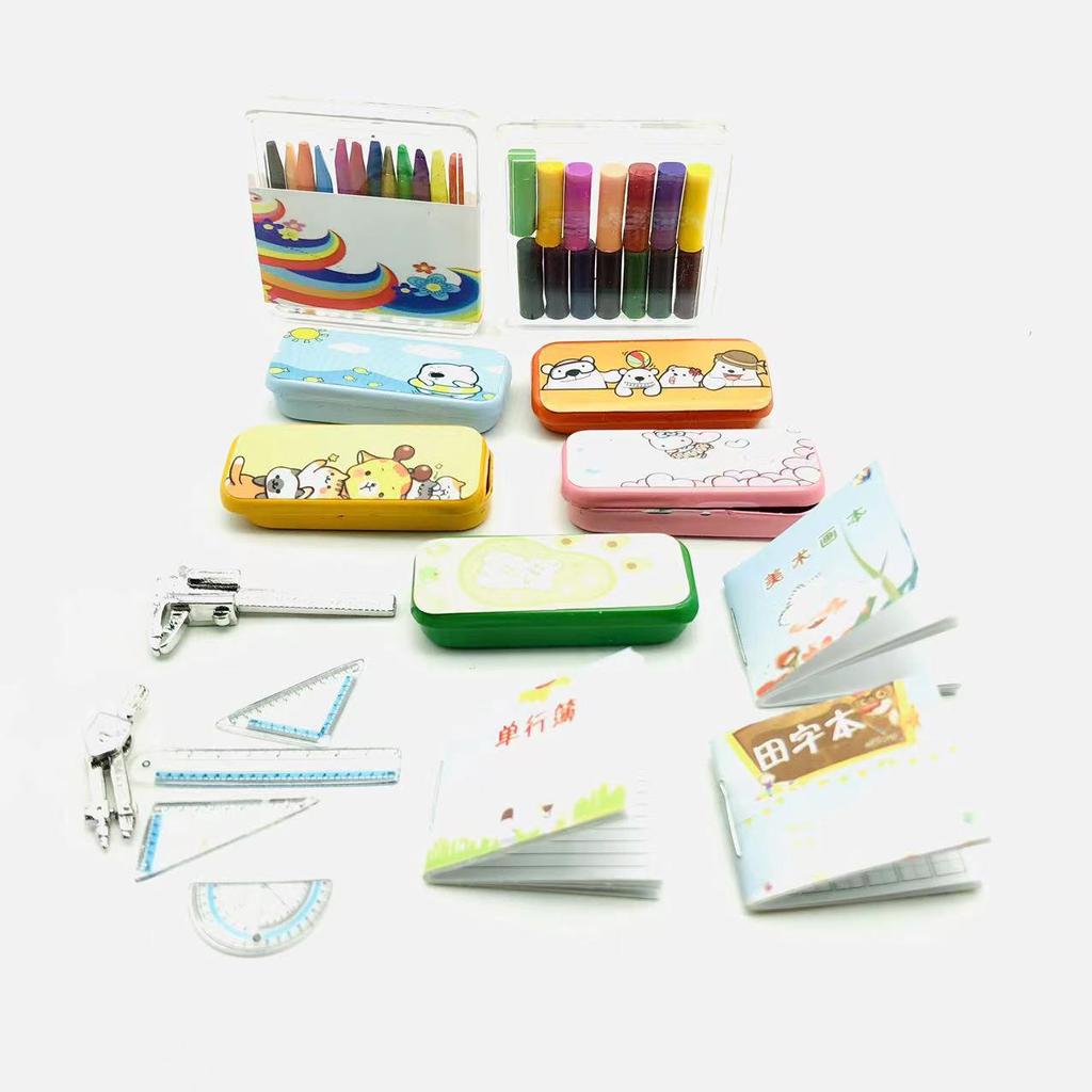 Miniature Office Model Stationery Set: Pencil Case, Notebook, Sketchbook, Ruler, Caliper, Crayon (1:12 Scale)