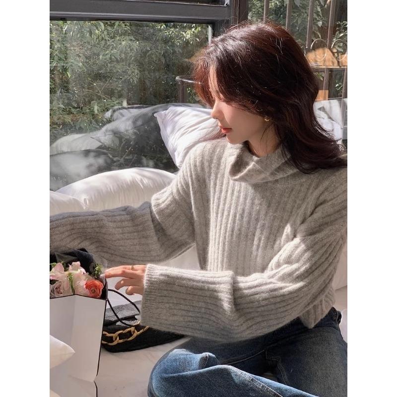 

Винтажный ленивый свитер с высоким воротом для женщин, осенне-зимняя толстая свободная трикотажная базовая рубашка, маленький короткий пуловер XL серый