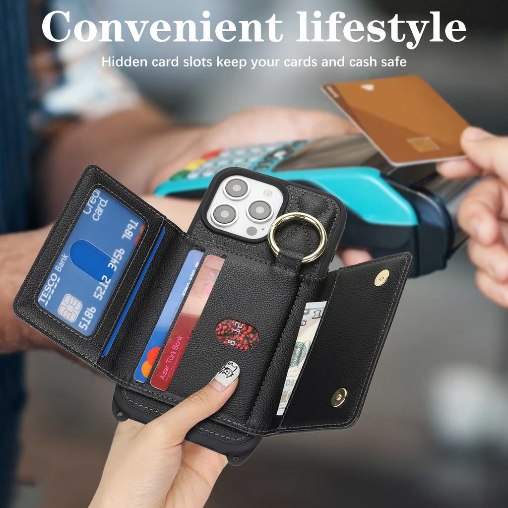 For iPhone 16 Pro Max Case with Lanyard/Mirror/Card Holder Grids Pattern RFID Blocking Phone Cover