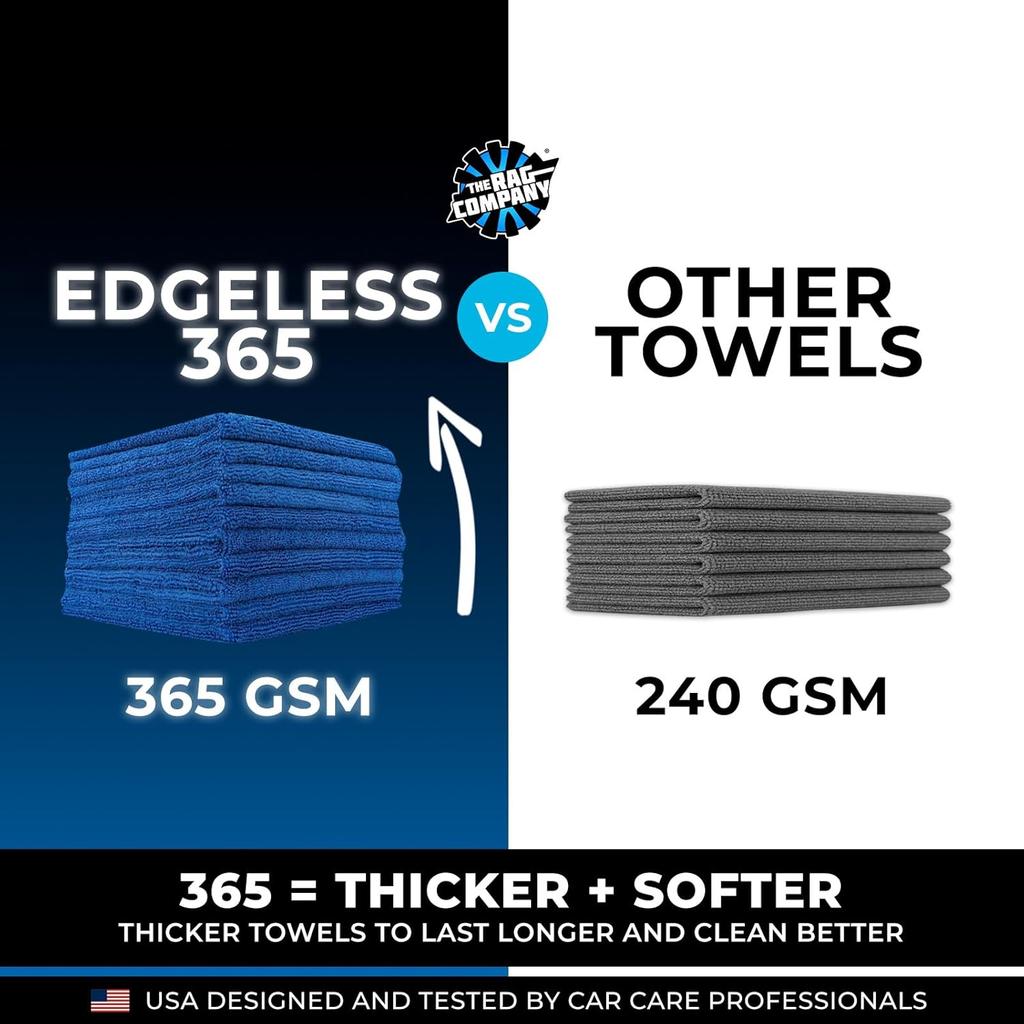 The Rag Company - Edgeless 365 Microfiber Towels (10-Pack) Premium 70/30 Blend, Professional Polishing, Wax Removal, Auto Detailing, 365gsm, 16in x