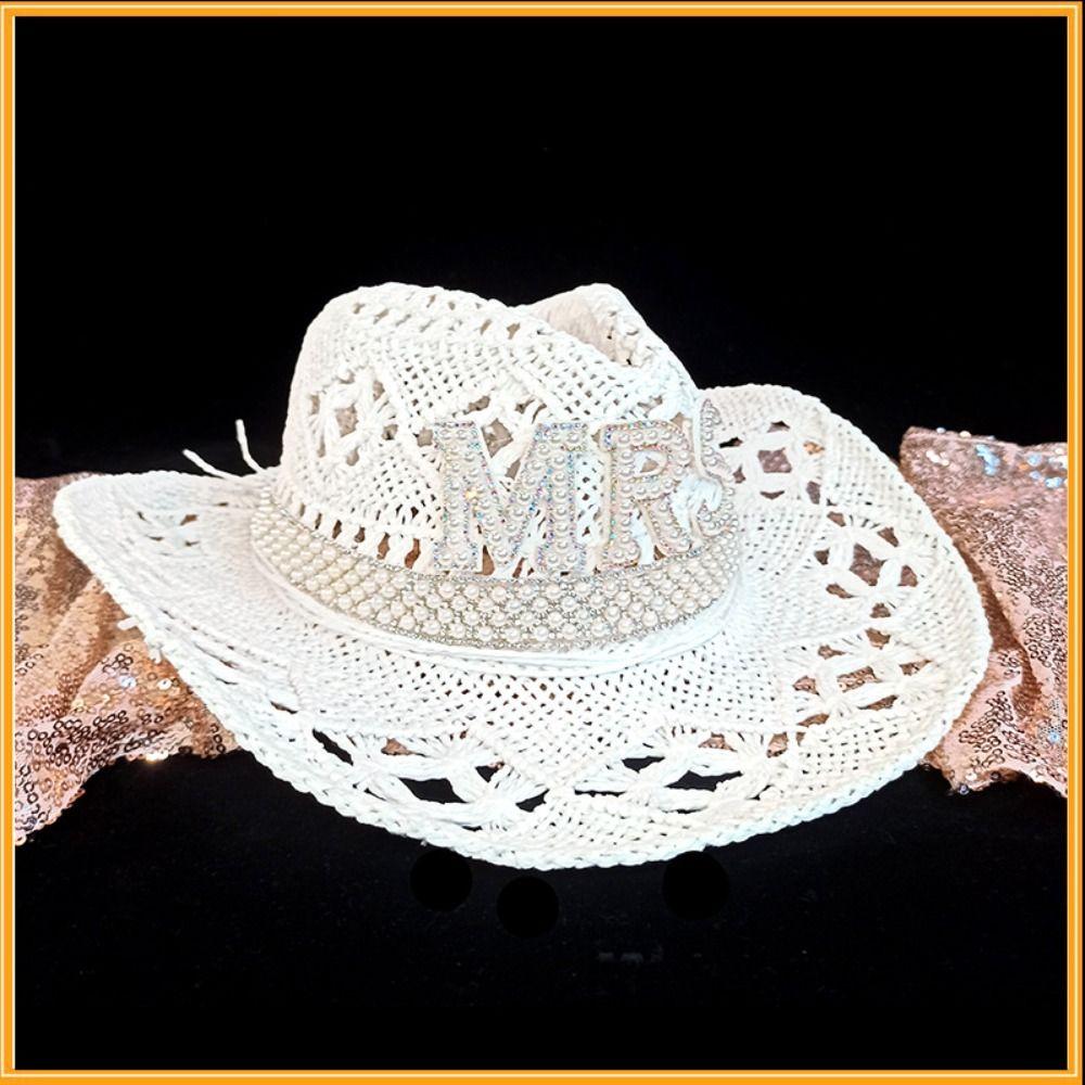 Rhinestone Letter Western Cowboy Hat Hollow Cowgirl Hat Jazz Hat For Wedding Bachelorette Party