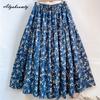 Prairie Chic Spring Summer Women Midi Skirt Elastic Waist Navy Blue Floral Print Vintage Skirt Retro Cotton A-Line Skirts Womens