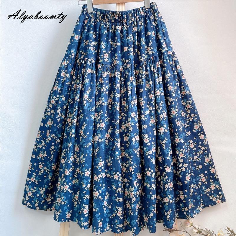 Prairie Chic Spring Summer Women Midi Skirt Elastic Waist Navy Blue Floral Print Vintage Skirt Retro Cotton A-Line Skirts Womens