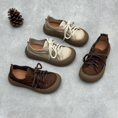 Chaussures décontractées pour femmes en cuir véritable rétro original à lacets en daim de cuir de vache pour toutes les saisons