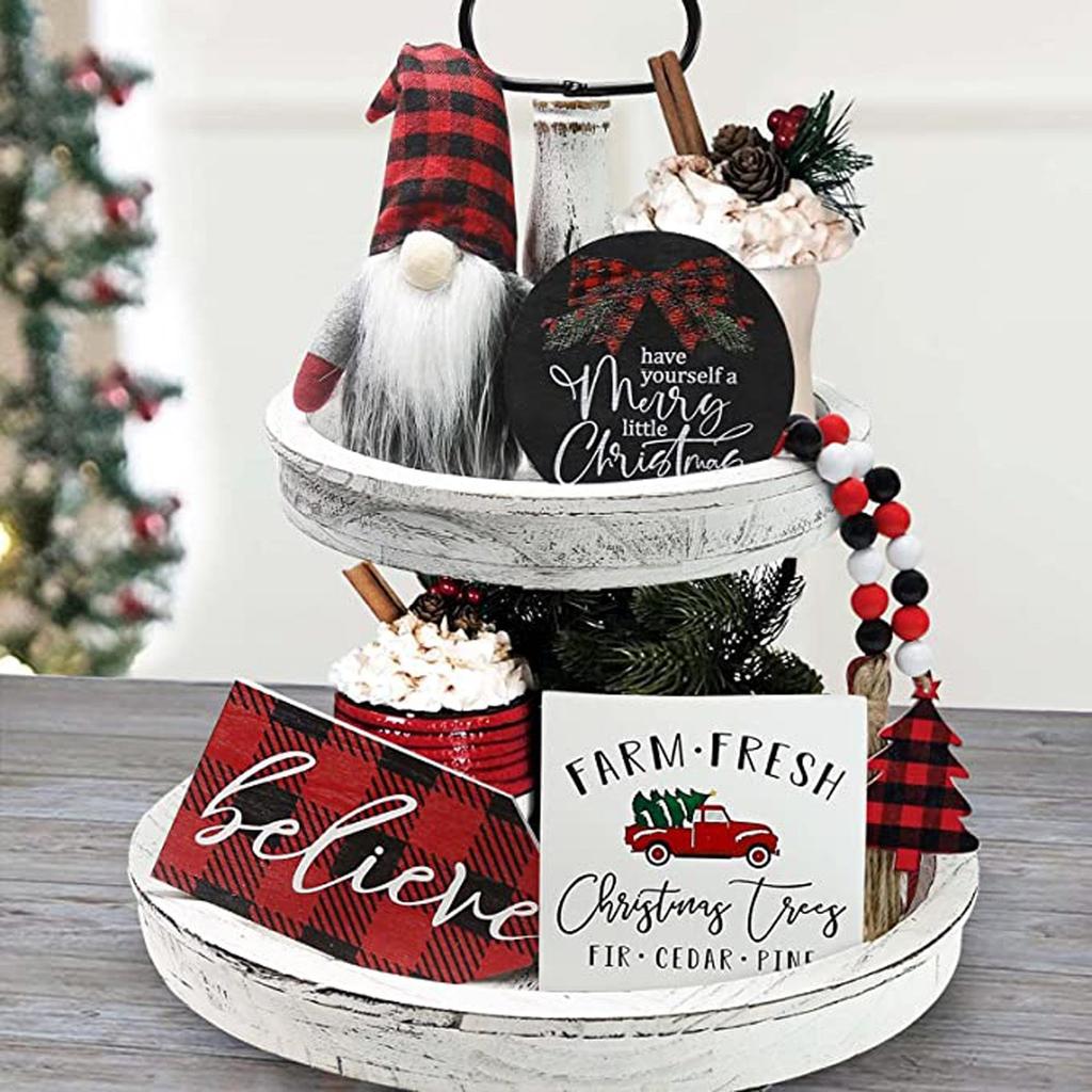Festive Christmas Tiered Tray Decor Santa Wood Sign Gnome Santa for Holiday Table Centerpiece for New Year Home Tabletop