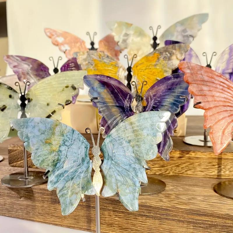 1Pair Natural Crystal Rainbow Fluorite Butterfly Wings Rose Quartz Moss Agate Carving With Stand Home Decoration