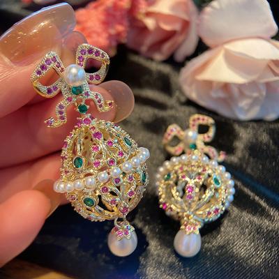 Unique Design French Bow Lantern Earrings Simulated Pearl Water Drop Personality Earrings Luxury Hollow Dangle Earrings