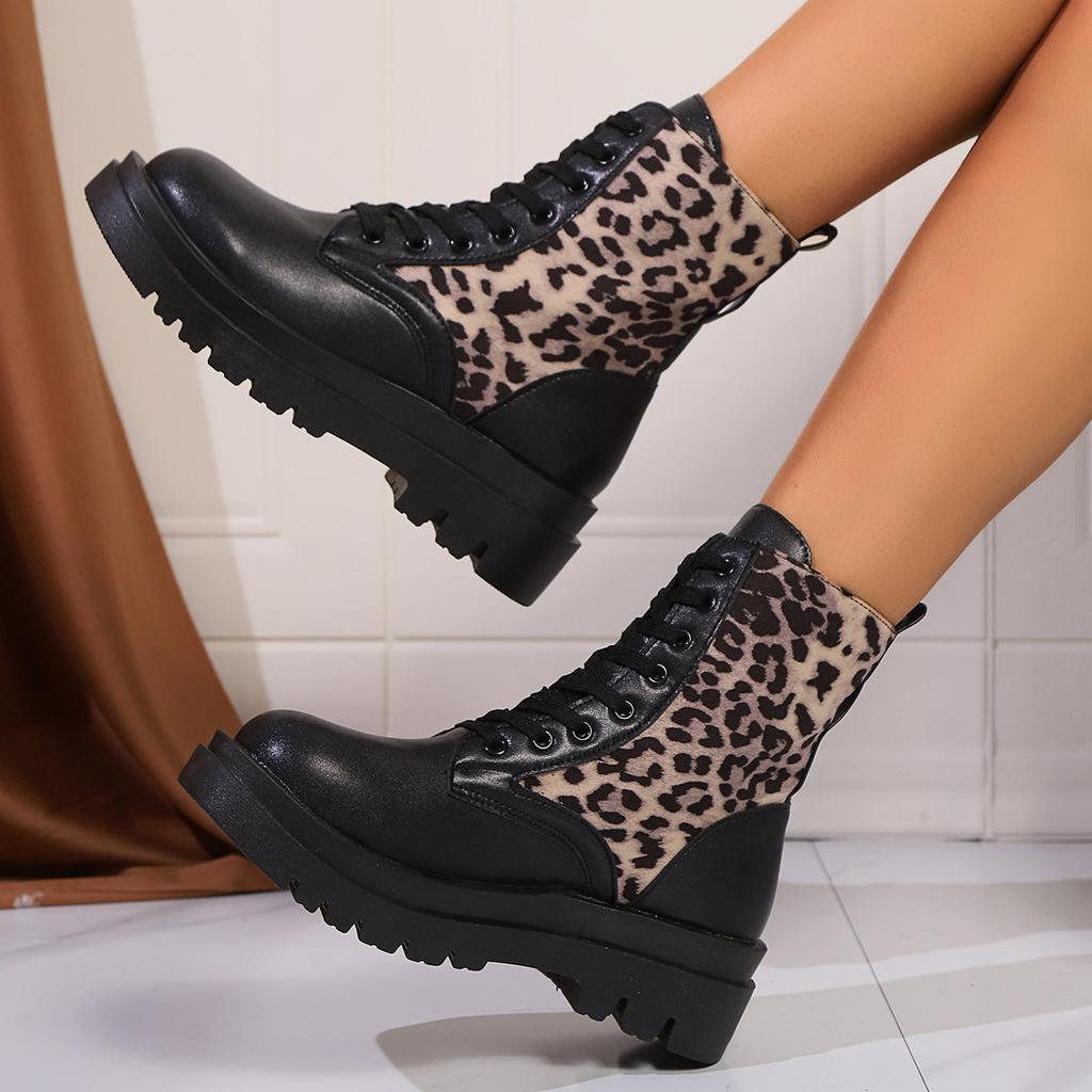Leopard Lace-Up Martin Boots Winter Women's Large Size Skinny Platform Boots 43