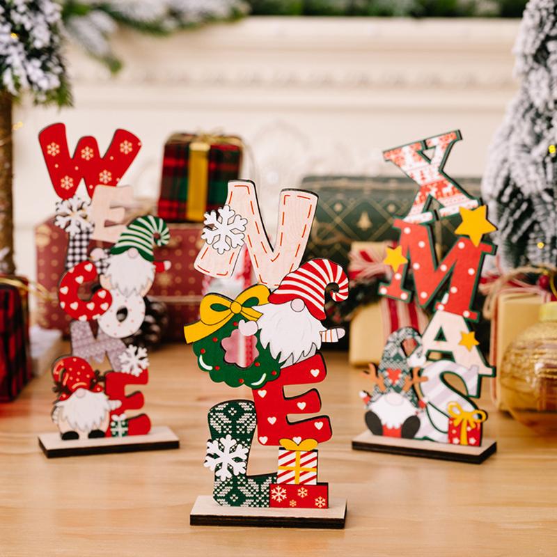 1PC Wood Adorn Decorations Dwarf Elderly English Ornaments Prints Festival Christmas Gift Desktop