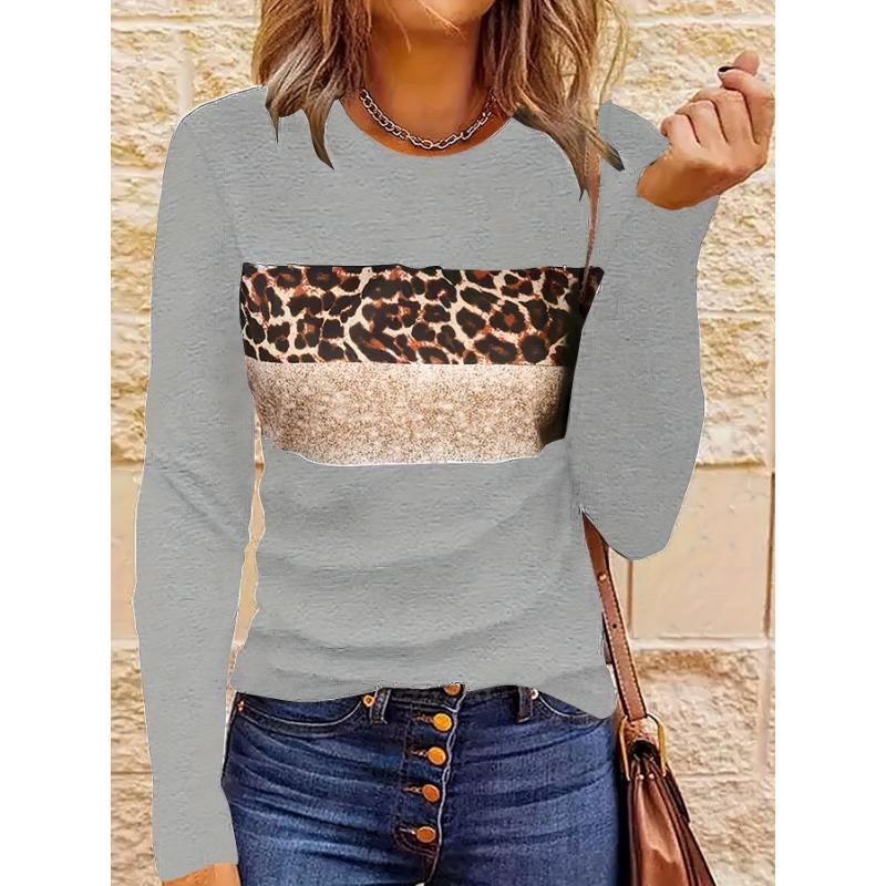 Women Fashion Leopard Printed T-Shirts Basic Casual O Neck Full Long Sleeve Tee Shirts Ladies Chic Knitted Tops