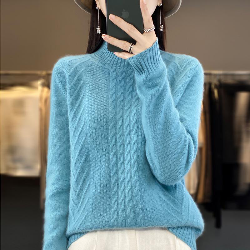 2023 Women's Autumn/Winter Thick Cable Knit Semi-High Neck Sweater