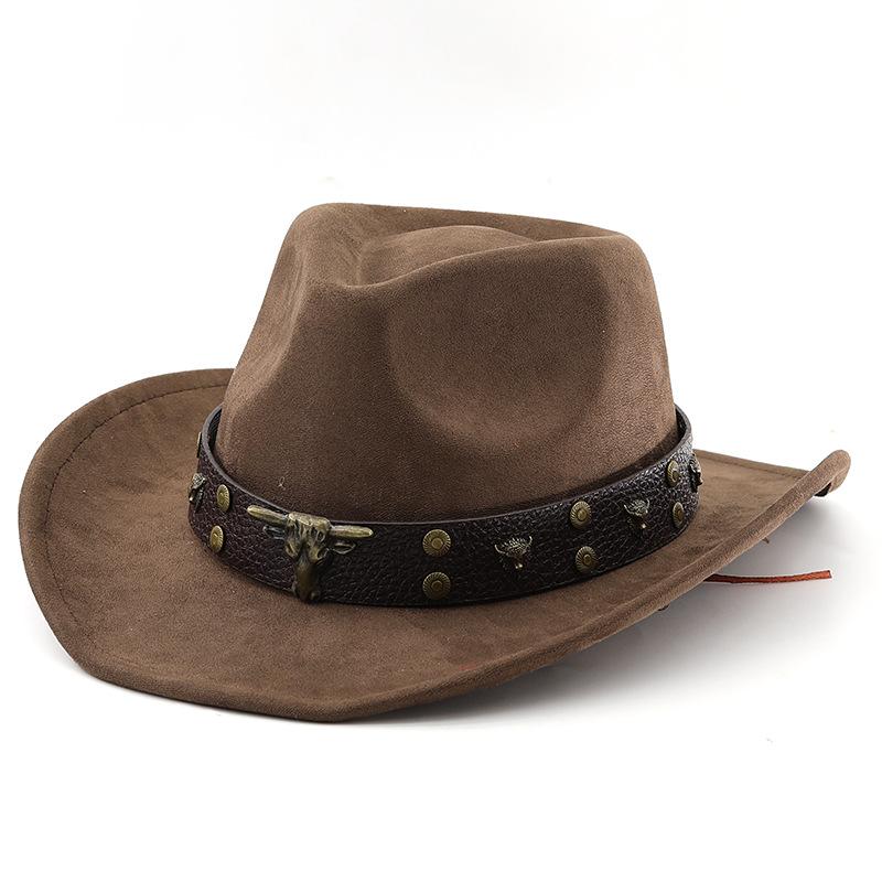 European and American fashion cow head belt suede top hat men's jazz hat autumn and winter versatile felt hat upturned cowboy hat