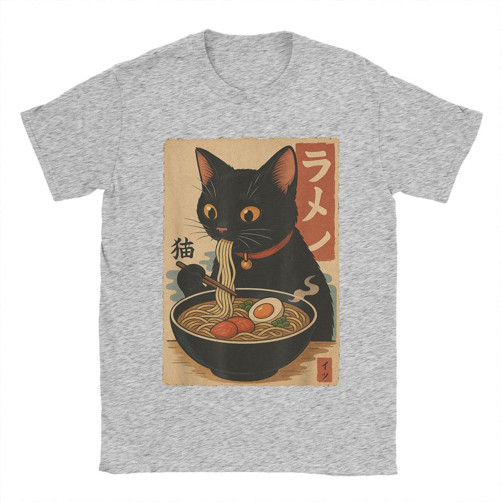 Japanese Black Cat Ramen Men's T Shirt Kawaii Noodle Cat Tee Shirt Short Sleeve Round Collar T-Shirt Pure Cotton Printed Clothes
