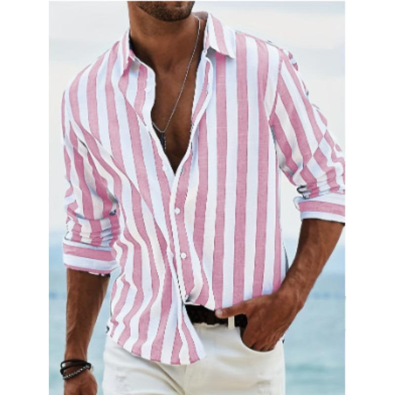 Men Long Sleeve Striped Turn Down Collar Casual Daily Shirt
