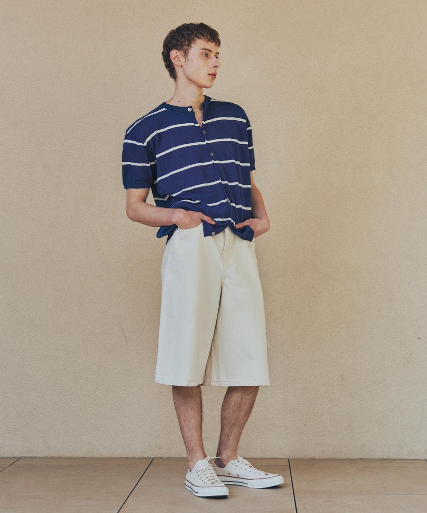 Nodu Summer Striped Round Short Sleeve Cardigan [Blue]