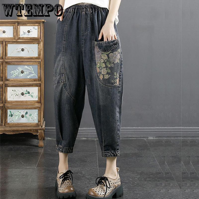 

Женские джинсы в стиле ретро с индивидуальным принтом, большие карманы, брюки девять четвертей, летние тонкие свободные тонкие красочные брюки-гарлем-репка 2XL чёрный
