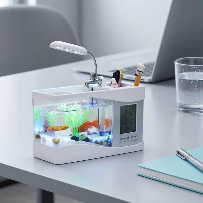 Creative USB Mini Fish Tank with Desk Lamp & Pen Holder - Perfect Birthday Gift