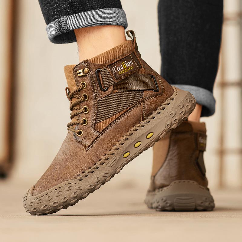 Hand-stitching Leather Men Boots Split Leather Casual Leather Shoes Men Ankle Boots