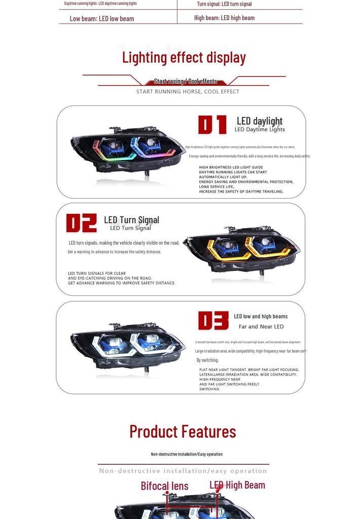 BMW 3 Series E92 E93 M3 RGB Headlight Assembly with Colorful Daytime Running Lights and Turn Signals (2005-2010).