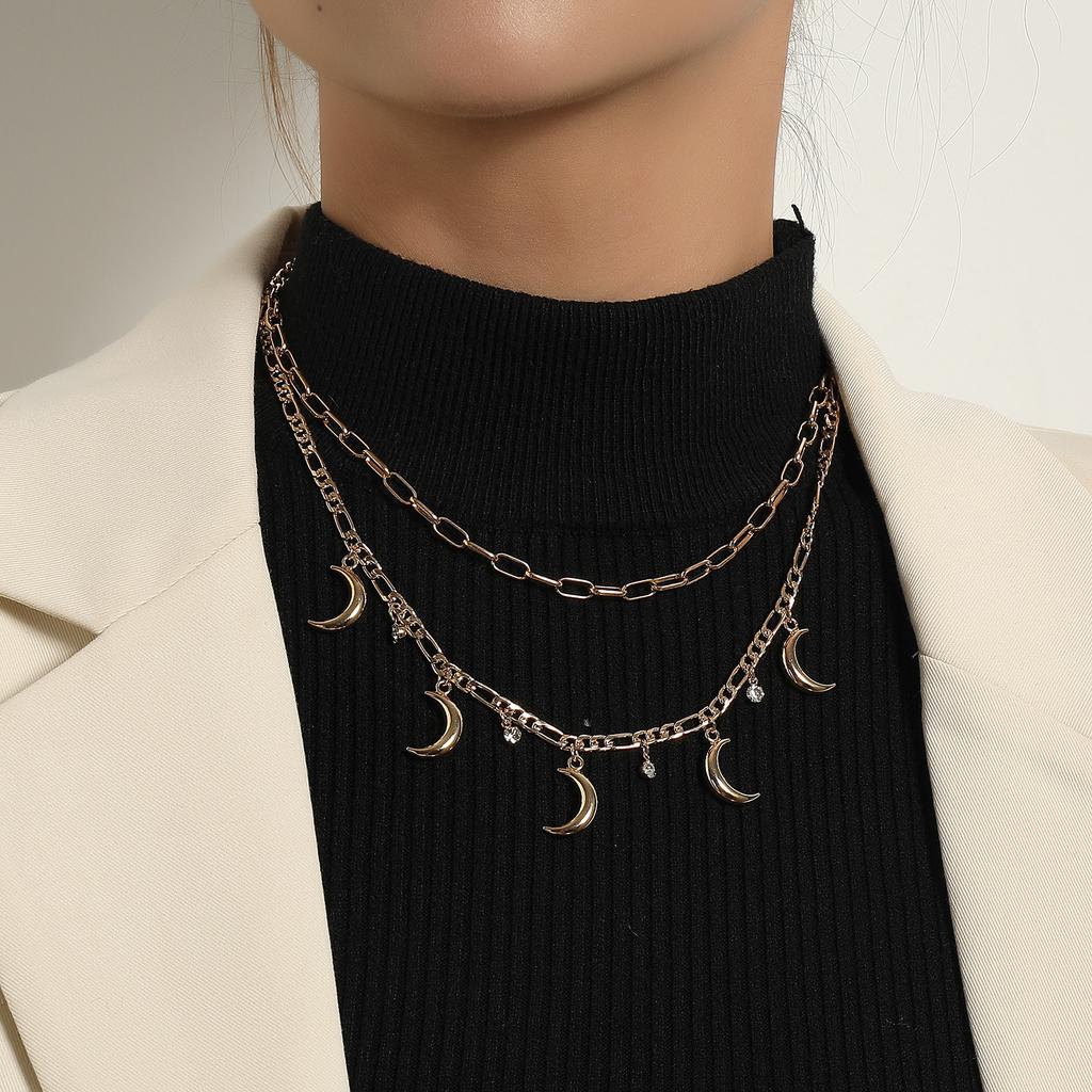Europe, America, Geometric Metal Crescent Rhinestone Pendant Necklace Women's Fashion Trendy Multi-layer Sweater Necklace