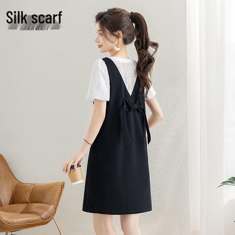 Silbai She Petite Faux Two-Piece Color-Block Short Sleeve Dress XXL