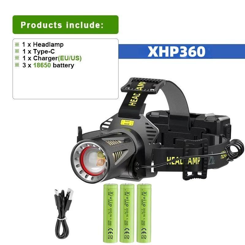 

30W XHP360 High Power LED Headlamp, Rechargeable IR Sensor Headlight, Waterproof Outdoor Light for Camping, Hunting & Working XHP360