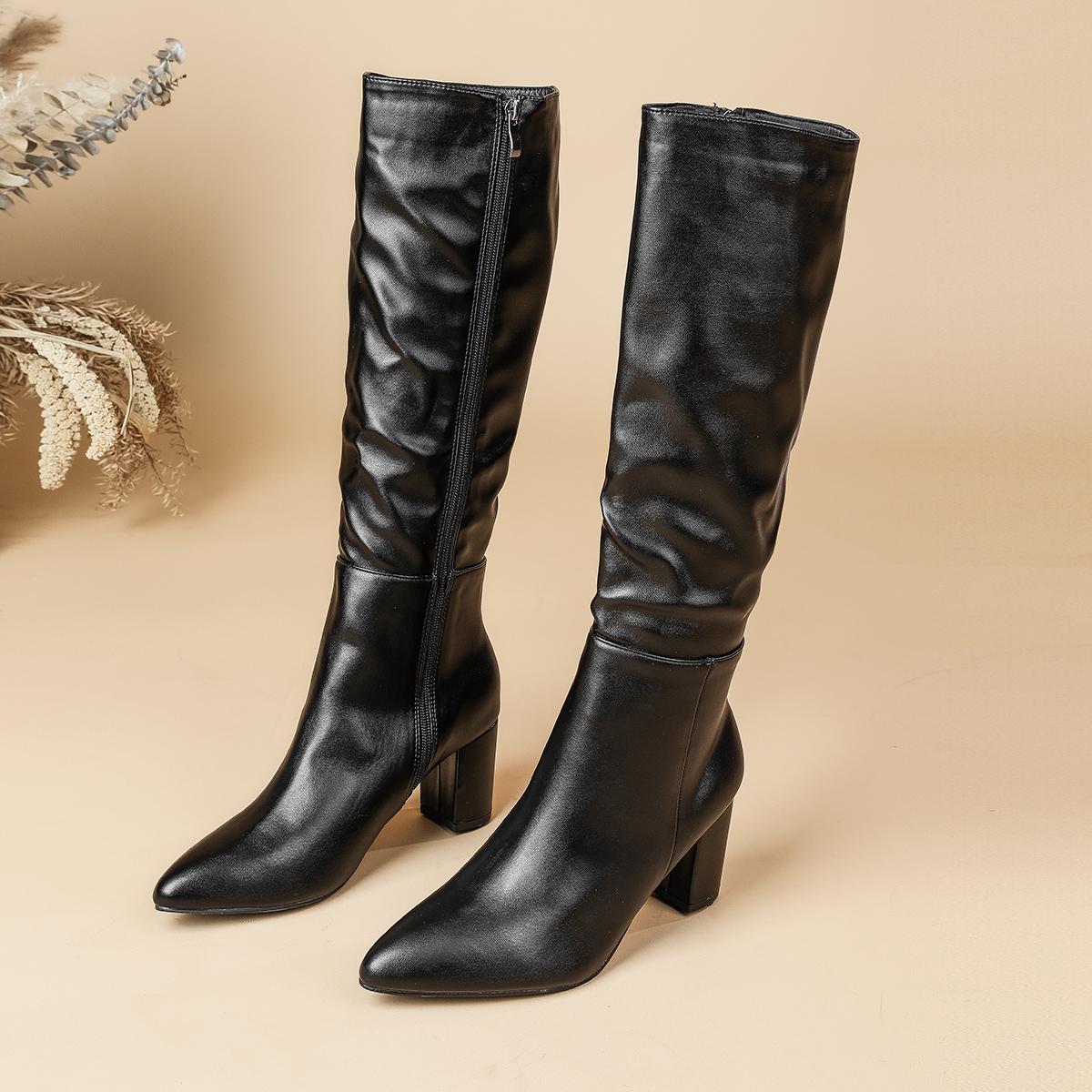 

Eilyken 2026 Fashion Square Heels Pointed Toe Women Knee-High Boots Autumn Winter Shoes Punk Style Zipper Long Booties 35 чёрный