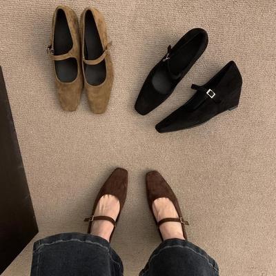 Retro suède Mary Jane enkellaarsjes met sleehak damesschoenen lente en herfst rok hoge hakken