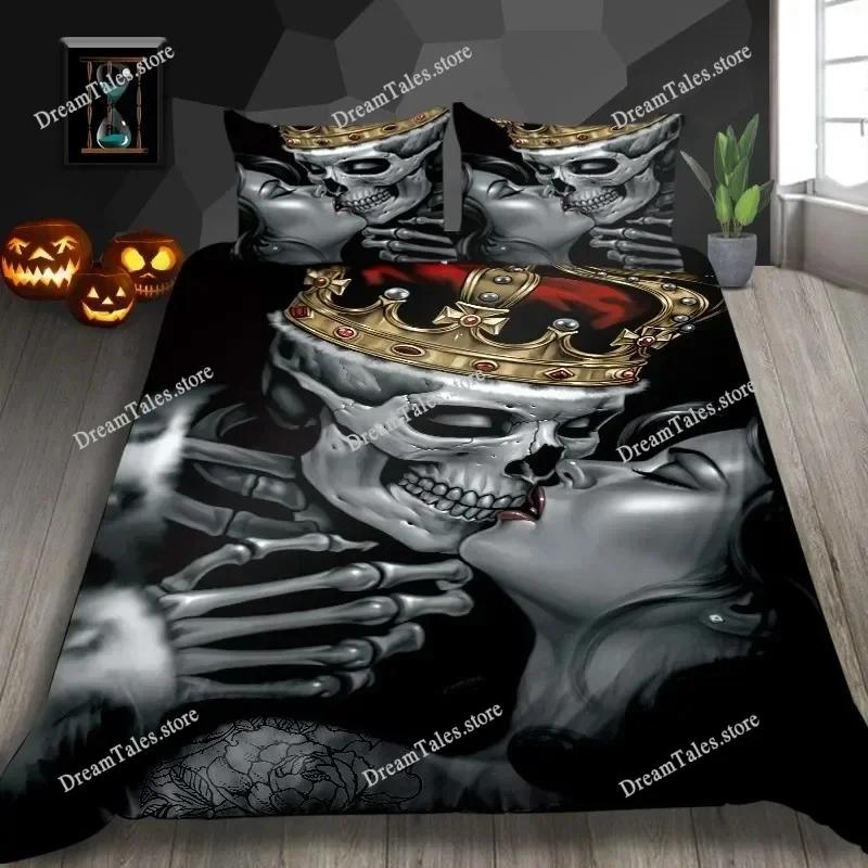 Skull Duvet Cover Queen Size Microfiber Vintage Sugar Skull Girl Day of The Dead Bride with Dark Color Roses Graphic Bedding Set