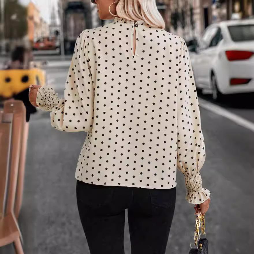 Women Fashion Long Sleeve Ruffles Dots Printed Pullover Shirt Blouse Top