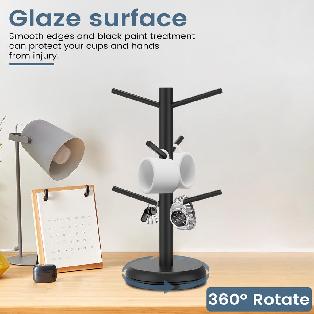 360° Rotated Wood Mug Holder Coffee Cup Tea Cup Organizer Stand 6-Hook Kitchen Countertop Coffee Bar Accessory