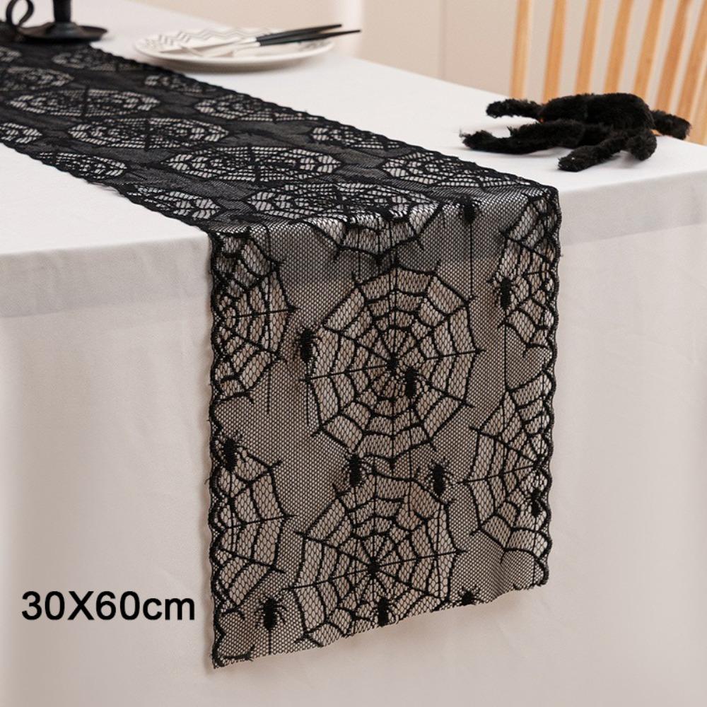 Black Color Black Lace Table Runner Long Length Spider Web Table Runner  Table Decor