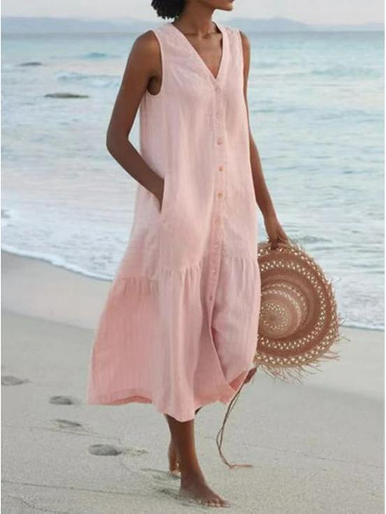 2025 Sommer Einfarbig Rosa V-Ausschnitt Baumwolle Spaghettiträger Kleid 2X-Large rosa