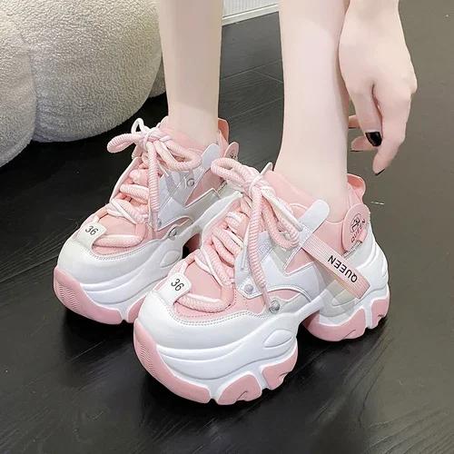 

Fashion Chunky Sneakers Women Autumn Lace Up Platform Sports Shoes Woman 9.5CM Thick Bottom High Heels Female Leather Sneakers 34 рожевий