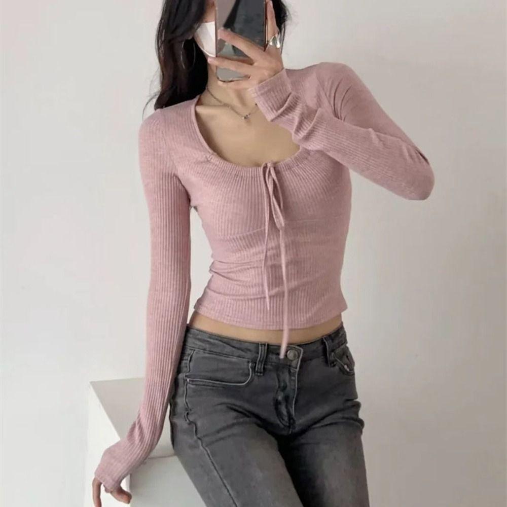 Solid Color Sweet Slim Tops Square Neck Lace Up T-shirt All-Match Long Sleeve T-shirt  Women