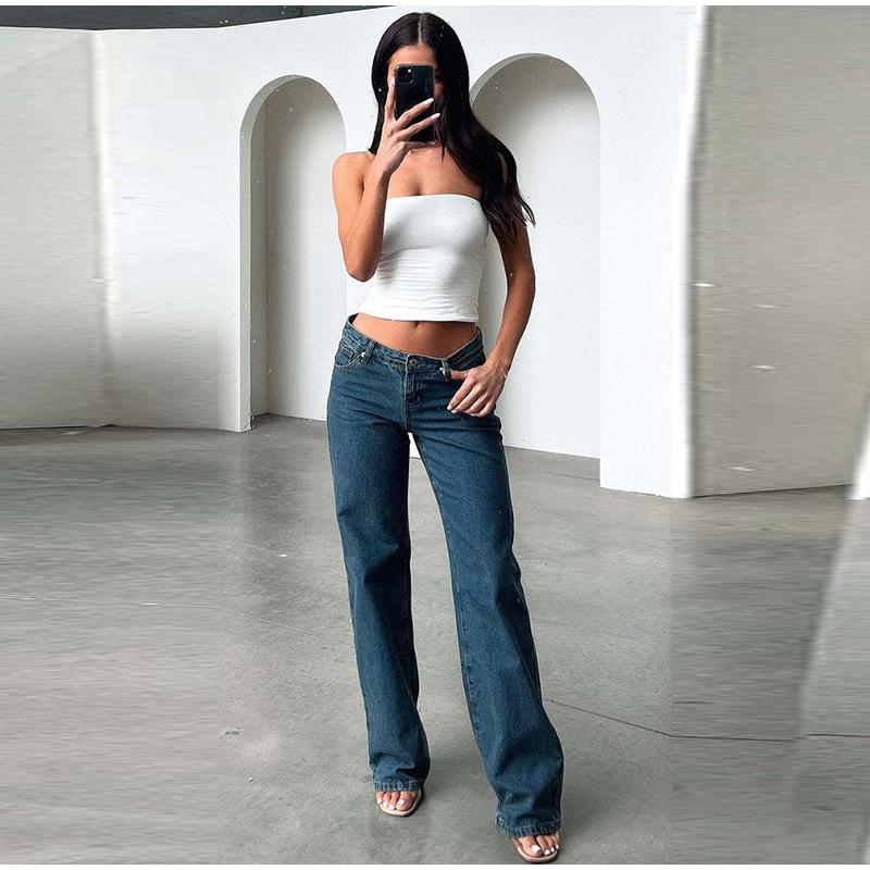Women's Spring Summer Y2k Light Blue Baggy Pants Low Waist Loose Fit Straight Leg Denim Pants Boyfriend Jeans with Pockets