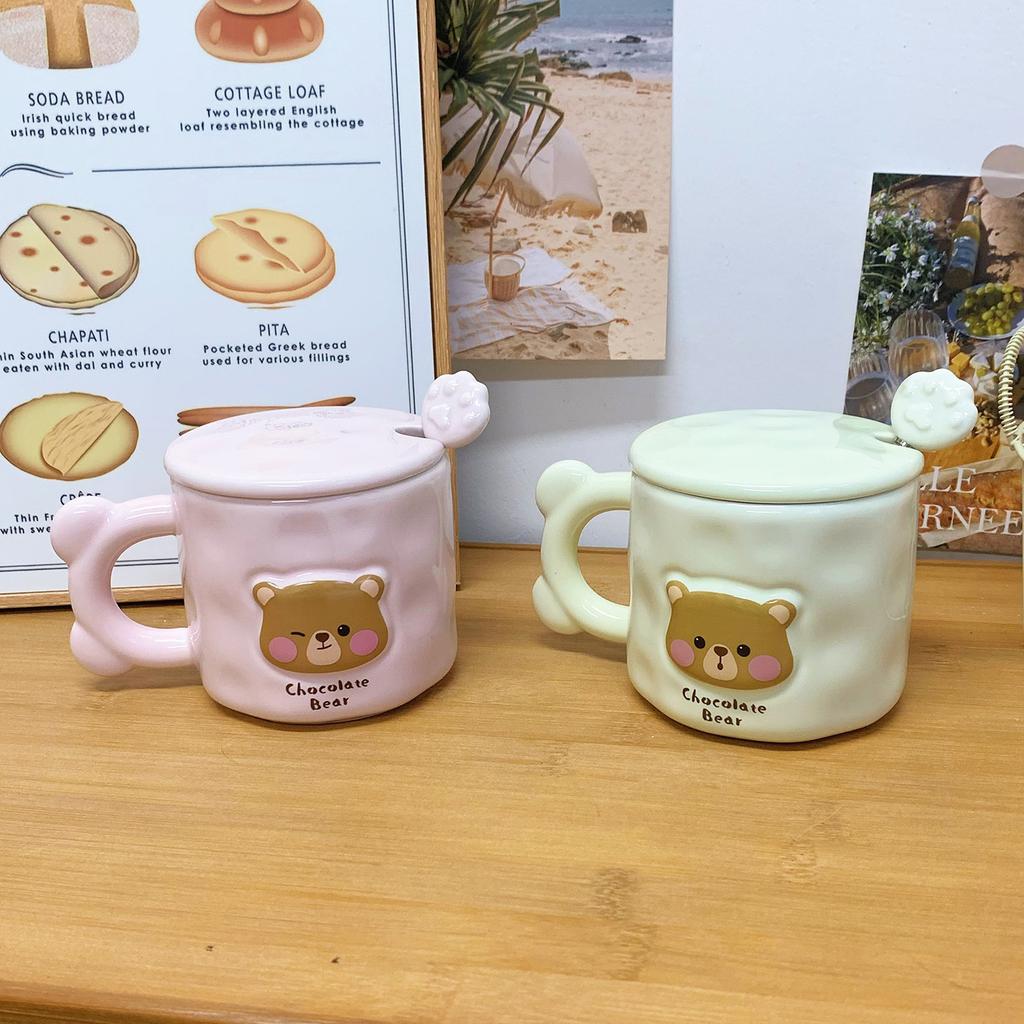 Cute Bear Mug with Lid Spoon High Value Cup Ceramic Couple Water Cup Girls Home Coffee Breakfast Cup