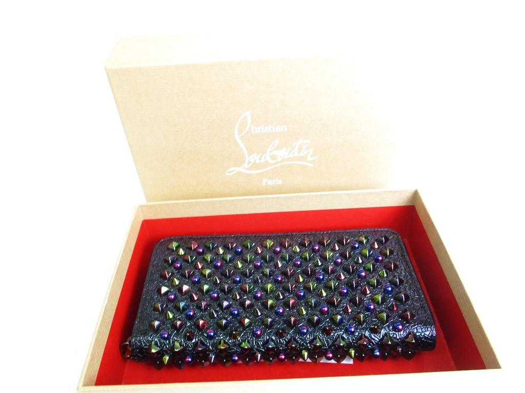 Authentic Christian Louboutin Panettone Black Leather Multicolor Spikes Round Zip Wallet #9746  Refurbished