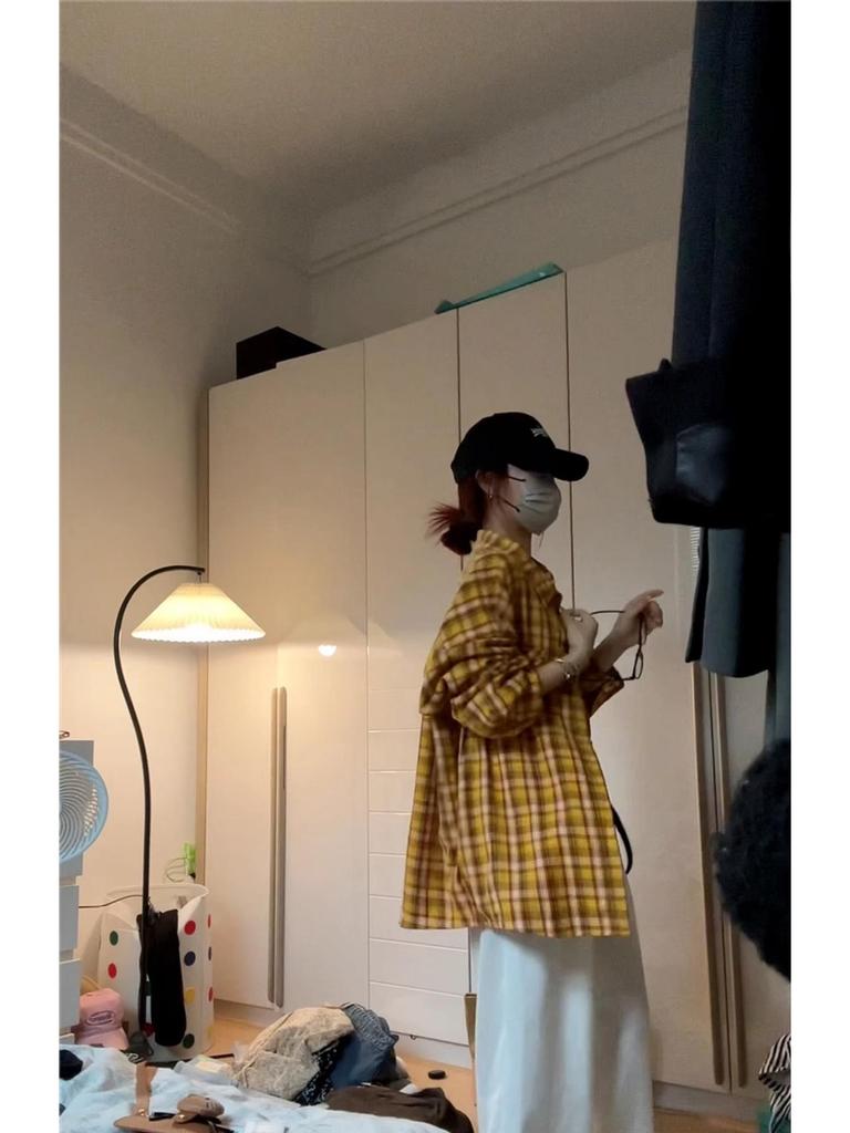 Women's Retro Yellow Striped Plaid Shirt Jacket, Sun Protection, Mid-Length Top for Spring and Autumn