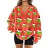 Women's Fashionable V-neck Christmas Printed Long Sleeved Casual Pullover Plush Warm Pocket Sweatshirt Top