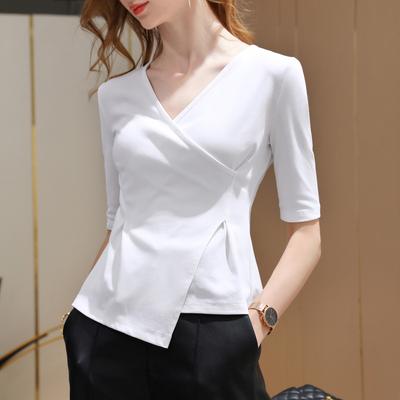 Camiseta de manga media para mujer Nueva camiseta de algodón de manga media con cuello en V cruzado para mujer Top nicho chic asimétrico que abraza la cintura