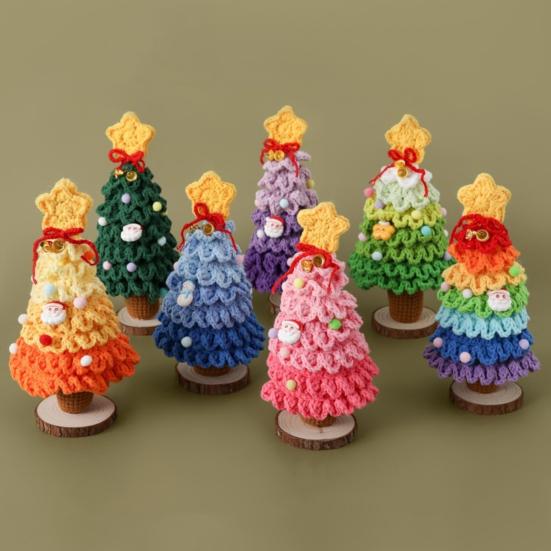 Yousheng Crochet Christmas Tree Small Handmade Multi-layered Knitting Xmas Tree with Woodgrain Base for Winter Tabletop Home Room Party Decor
